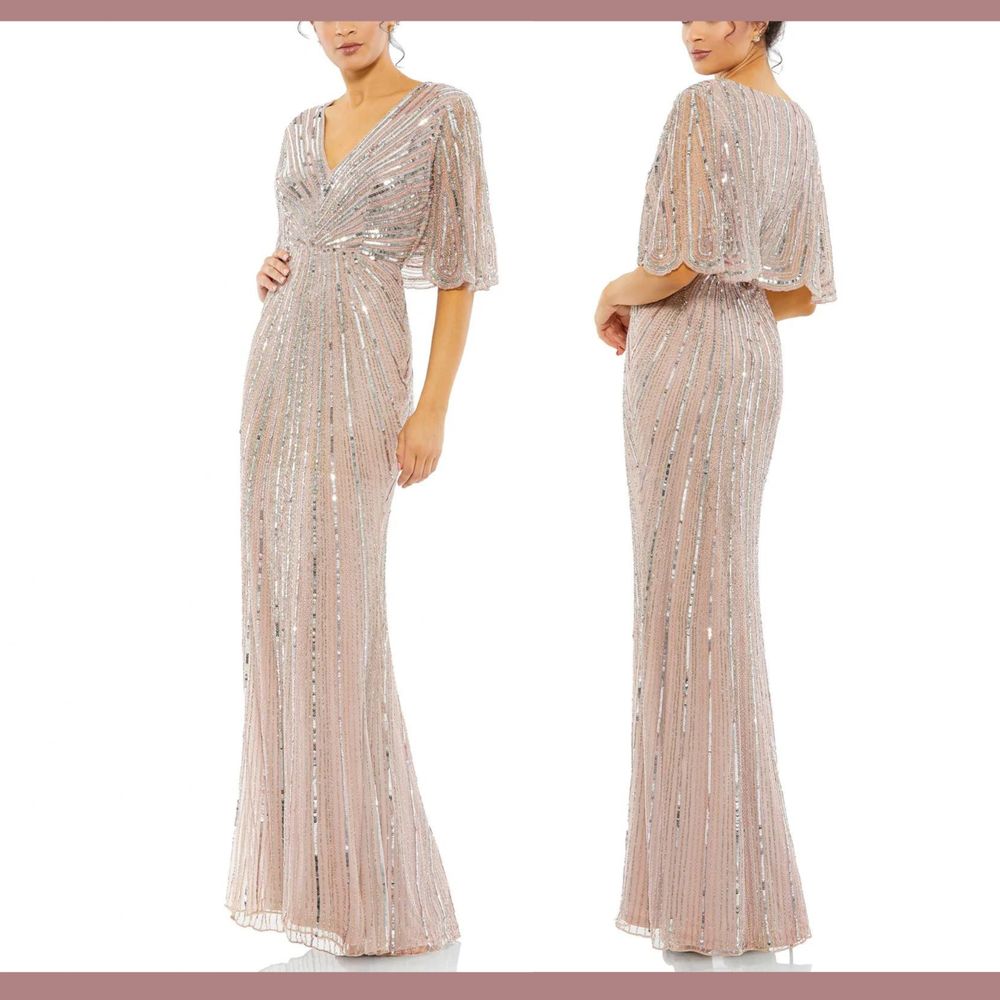 Nwt $698 Mac Duggal [ 20 ] Sequined V-Neck Cape Sleeve Column Gown Rose Pink J35